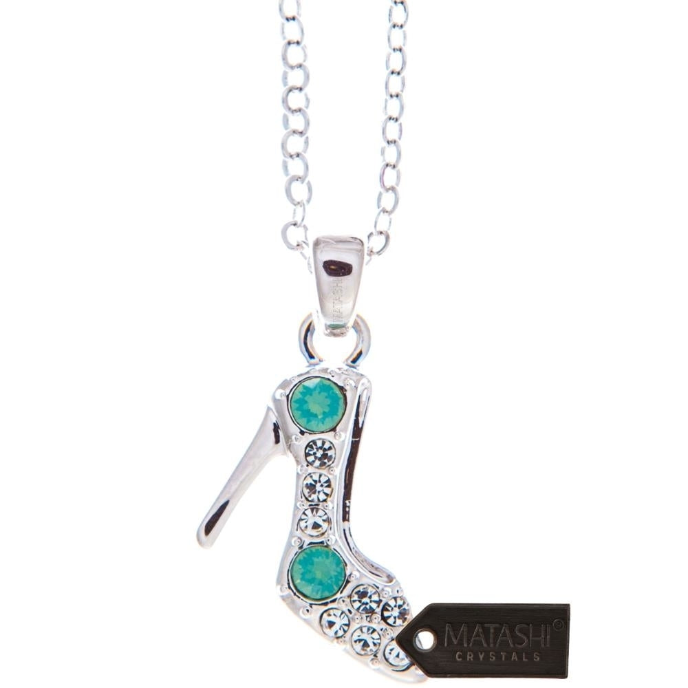 Rhodium Plated Necklace with Stiletto Shoe Design with a 16" Extendable Chain and fine Ocean Blue Crystals by Matashi Image 2