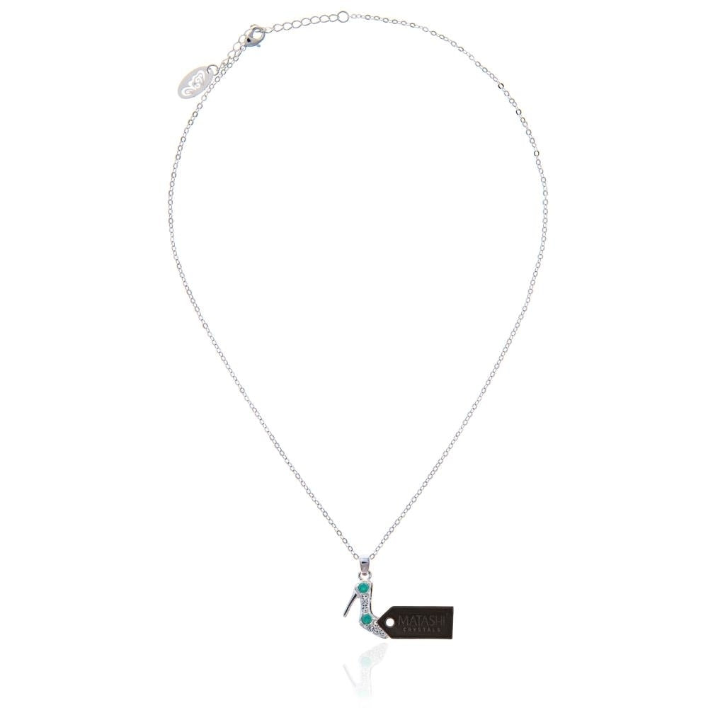 Rhodium Plated Necklace with Stiletto Shoe Design with a 16" Extendable Chain and fine Ocean Blue Crystals by Matashi Image 3