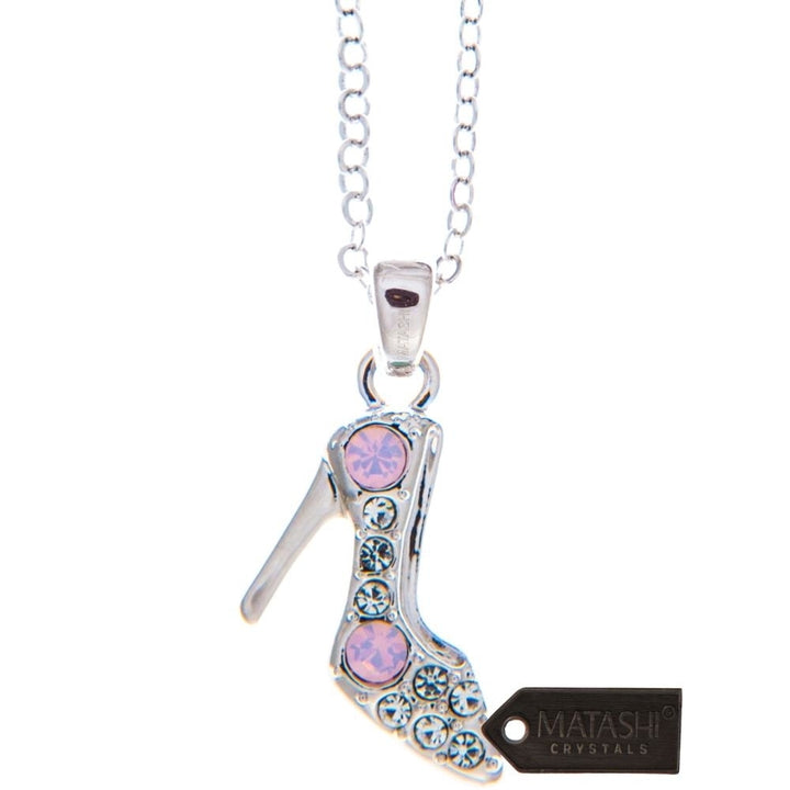 Rhodium Plated Necklace with Stiletto Shoe Design with a 16" Extendable Chain and fine Pink Rose and Clear Crystals by Image 2