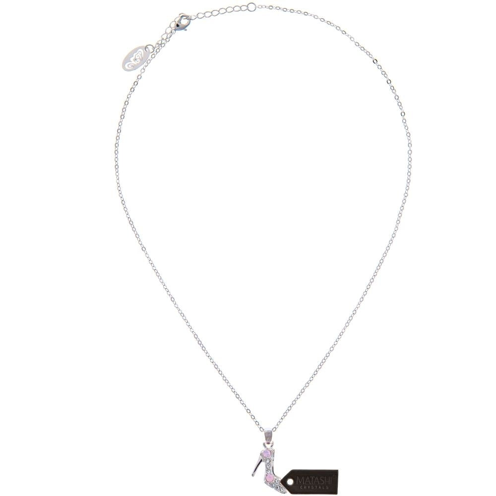 Rhodium Plated Necklace with Stiletto Shoe Design with a 16" Extendable Chain and fine Pink Rose and Clear Crystals by Image 4