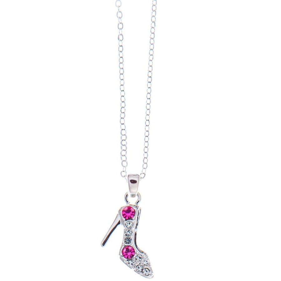 Rhodium Plated Necklace with Stiletto Shoe Design with a 16" Extendable Chain and fine Rose Red and Clear Crystals by Image 1