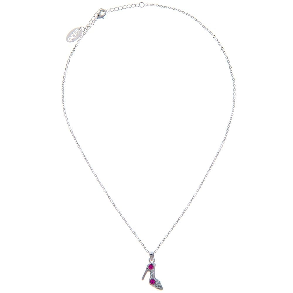 Rhodium Plated Necklace with Stiletto Shoe Design with a 16" Extendable Chain and fine Rose Red and Clear Crystals by Image 2