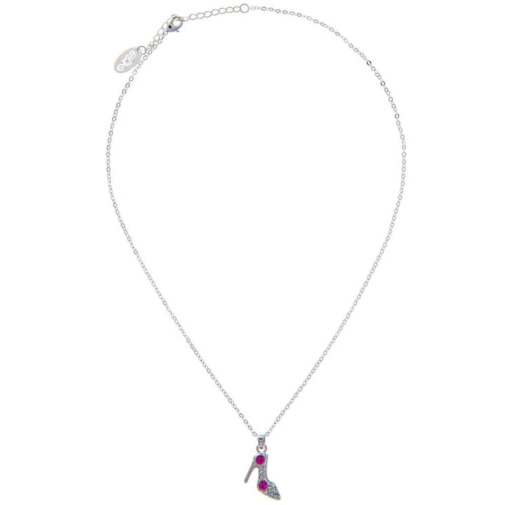 Rhodium Plated Necklace with Stiletto Shoe Design with a 16" Extendable Chain and fine Rose Red and Clear Crystals by Image 2