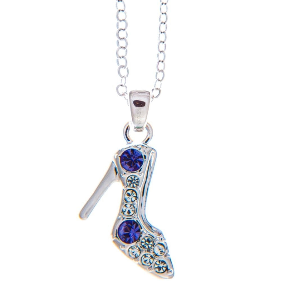 Rhodium Plated Necklace with Stiletto Shoe Design with a 16" Extendable Chain and fine Purple and Clear Crystals by Image 1