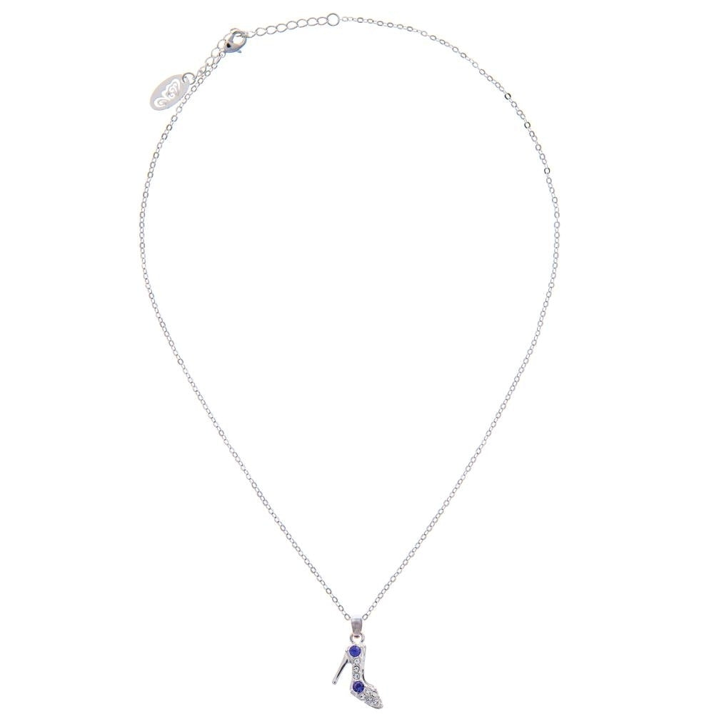 Rhodium Plated Necklace with Stiletto Shoe Design with a 16" Extendable Chain and fine Purple and Clear Crystals by Image 2