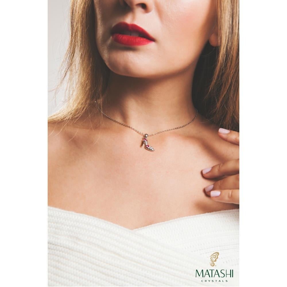 Rhodium Plated Necklace with Stiletto Shoe Design with a 16" Extendable Chain and fine Rose Red and Clear Crystals by Image 4