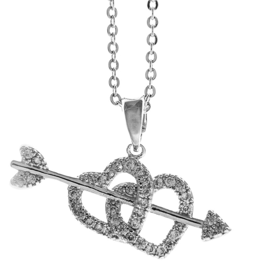 Rhodium Plated Necklace with Cupids Arrow Double Heart Design with a 16" Extendable Chain and fine Crystals by Matashi Image 1