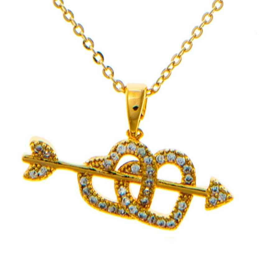 Champagne Gold Plated Necklace with Cupids Arrow Double Heart Design with a 16" Extendable Chain and fine Crystals by Image 1