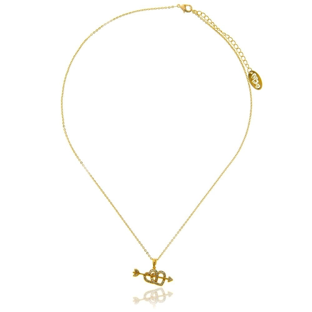 Champagne Gold Plated Necklace with Cupids Arrow Double Heart Design with a 16" Extendable Chain and fine Crystals by Image 2