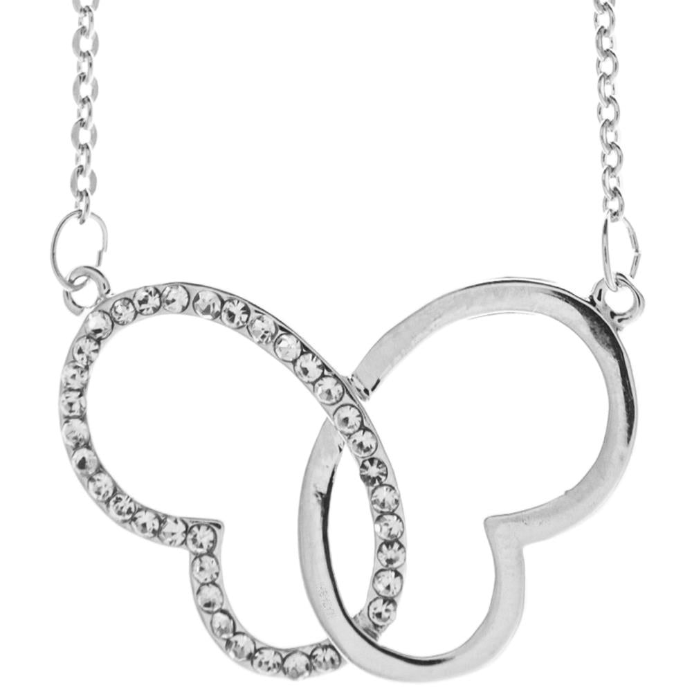 Rhodium Plated Necklace with Intertwined Hearts Butterfly Design with a 16" Extendable Chain and fine Crystals by Image 1