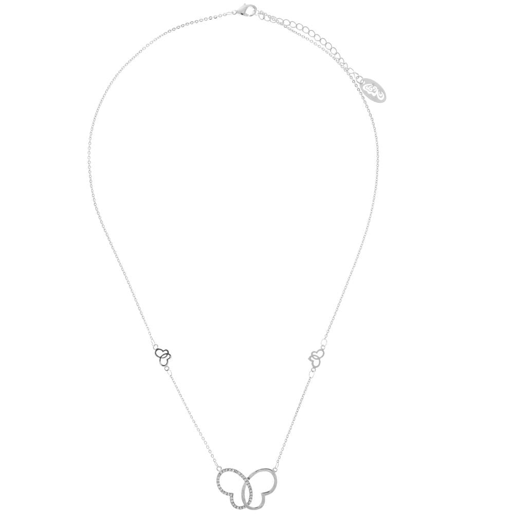 Rhodium Plated Necklace with Intertwined Hearts Butterfly Design with a 16" Extendable Chain and fine Crystals by Image 2