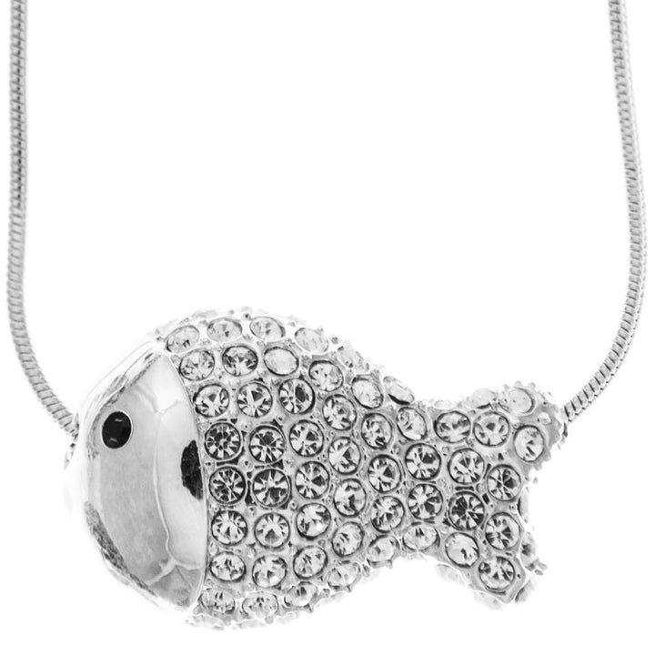 Rhodium Plated Necklace with Fish Design with a 16" Extendable Chain and fine Clear Crystals by Matashi Image 1