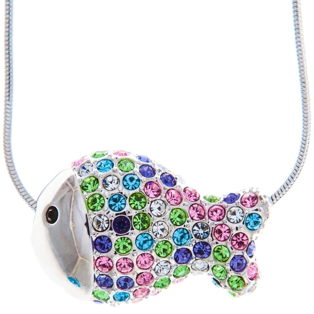 Rhodium Plated Necklace with Fish Design with a 16" Extendable Chain and fine Multicolored Crystals by Matashi Image 1