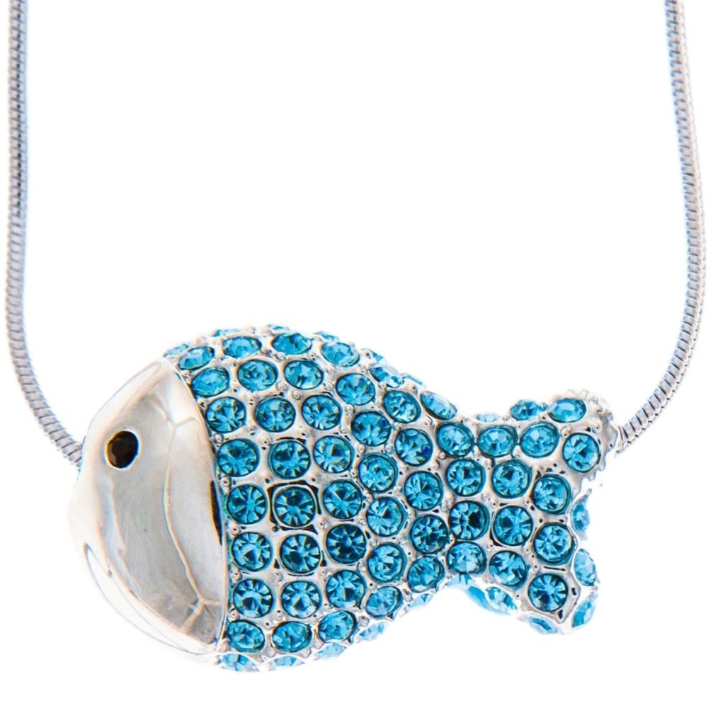 Rhodium Plated Necklace with Fish Design with a 16" Extendable Chain and fine Ocean Blue Crystals by Matashi Image 1