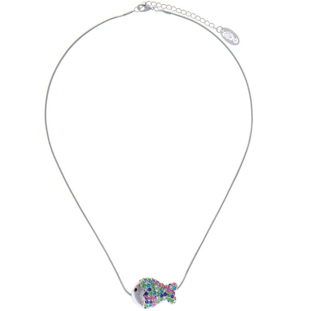 Rhodium Plated Necklace with Fish Design with a 16" Extendable Chain and fine Multicolored Crystals by Matashi Image 2