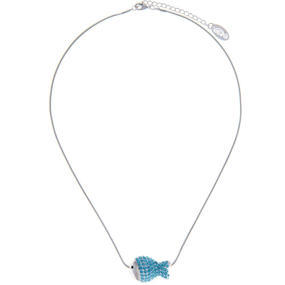 Rhodium Plated Necklace with Fish Design with a 16" Extendable Chain and fine Ocean Blue Crystals by Matashi Image 2