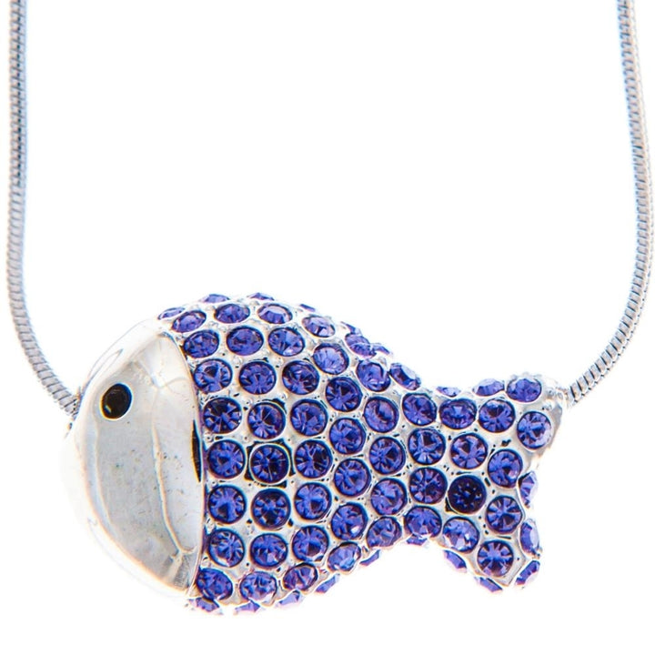 Rhodium Plated Necklace with Fish Design with a 16" Extendable Chain and fine Purple Crystals by Matashi Image 1