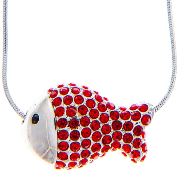 Rhodium Plated Necklace with Fish Design with a 16" Extendable Chain and fine Red Crystals by Matashi Image 1