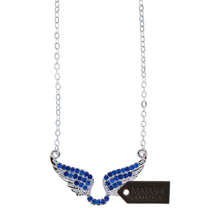 Rhodium Plated Necklace with Outspread Angel Wings Design with a 16" Extendable Chain and fine Navy Blue Crystals by Image 2