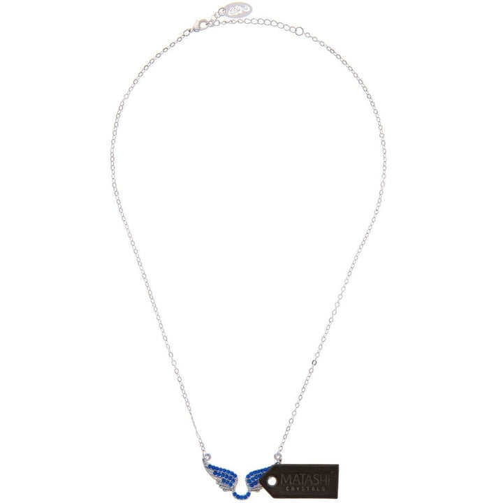 Rhodium Plated Necklace with Outspread Angel Wings Design with a 16" Extendable Chain and fine Navy Blue Crystals by Image 3