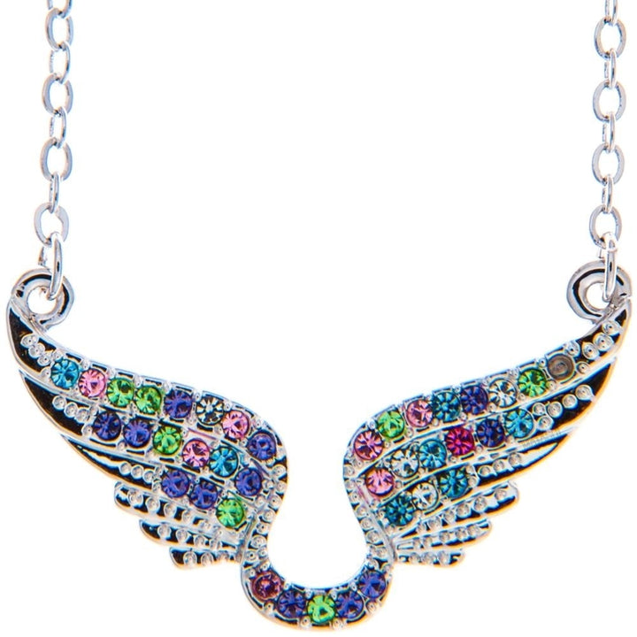 Rhodium Plated Necklace with Outspread Angel Wings Design with a 16" Extendable Chain and fine Multicolored Crystals by Image 1