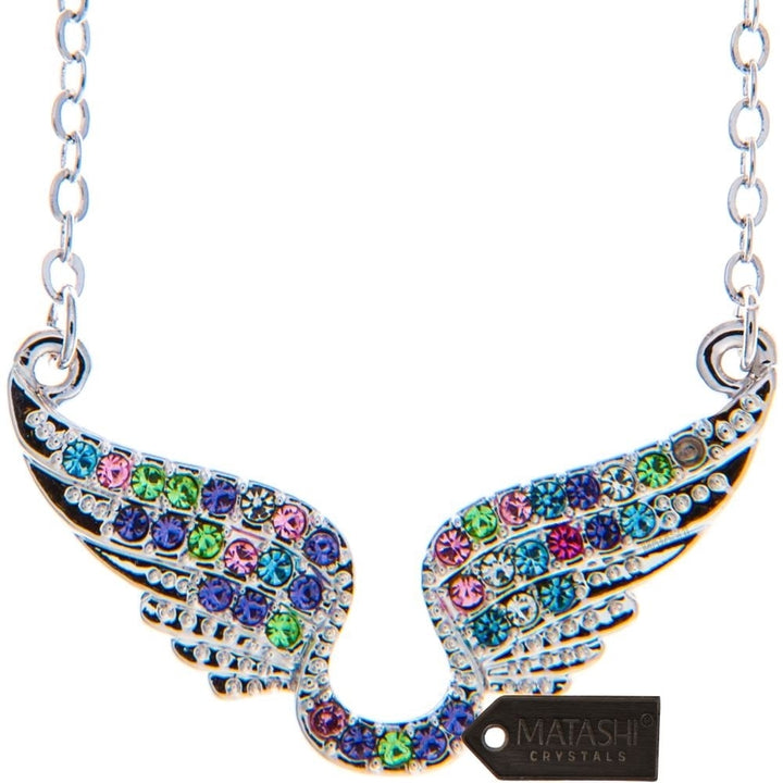 Rhodium Plated Necklace with Outspread Angel Wings Design with a 16" Extendable Chain and fine Multicolored Crystals by Image 2