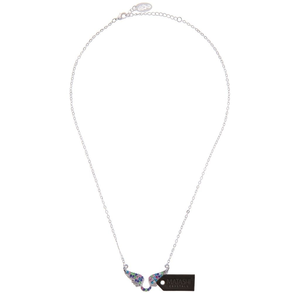 Rhodium Plated Necklace with Outspread Angel Wings Design with a 16" Extendable Chain and fine Multicolored Crystals by Image 3