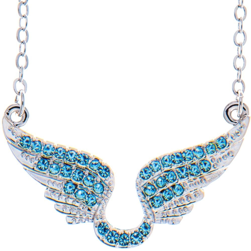 Rhodium Plated Necklace with Outspread Angel Wings Design with a 16" Extendable Chain and fine Ocean Blue Crystals by Image 1