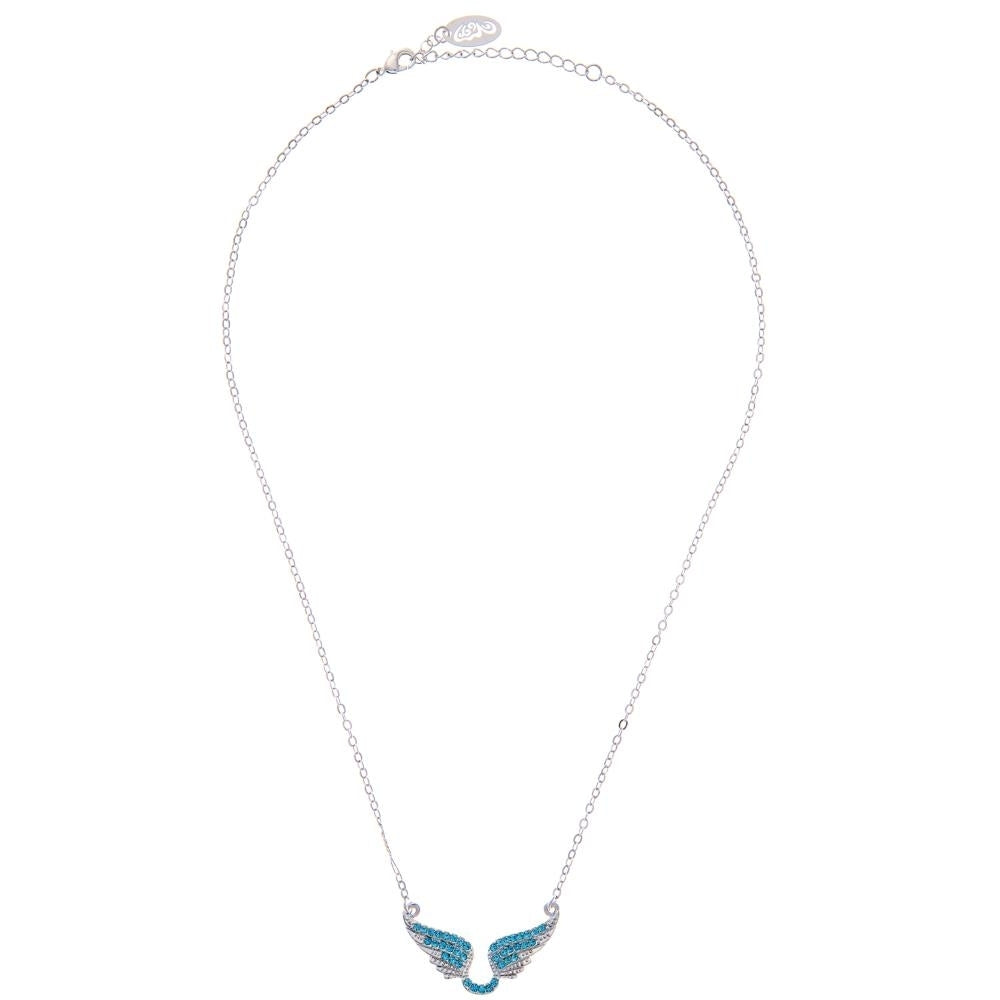 Rhodium Plated Necklace with Outspread Angel Wings Design with a 16" Extendable Chain and fine Ocean Blue Crystals by Image 2