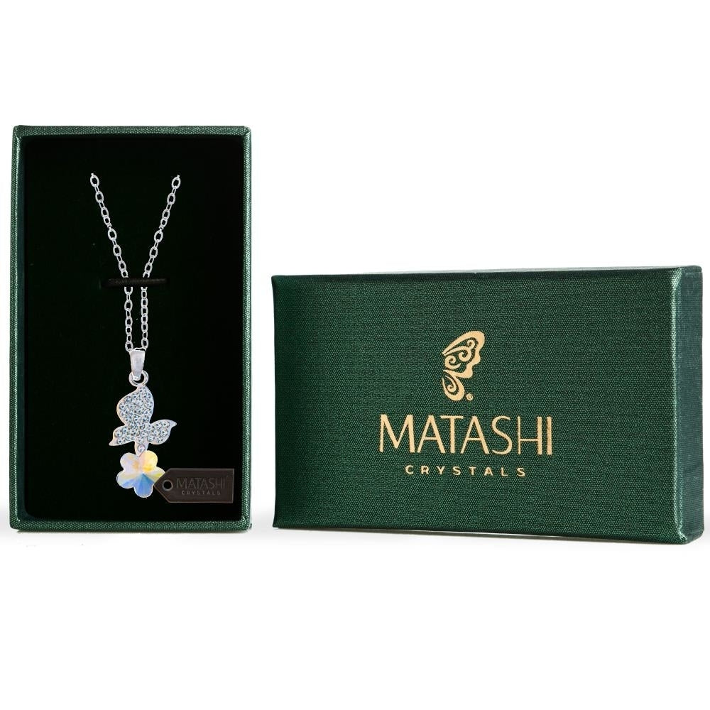 Rhodium Plated Necklace with Butterfly Alighting on a Flower Design with a 16" Extendable Chain and fine Multicolored Image 1