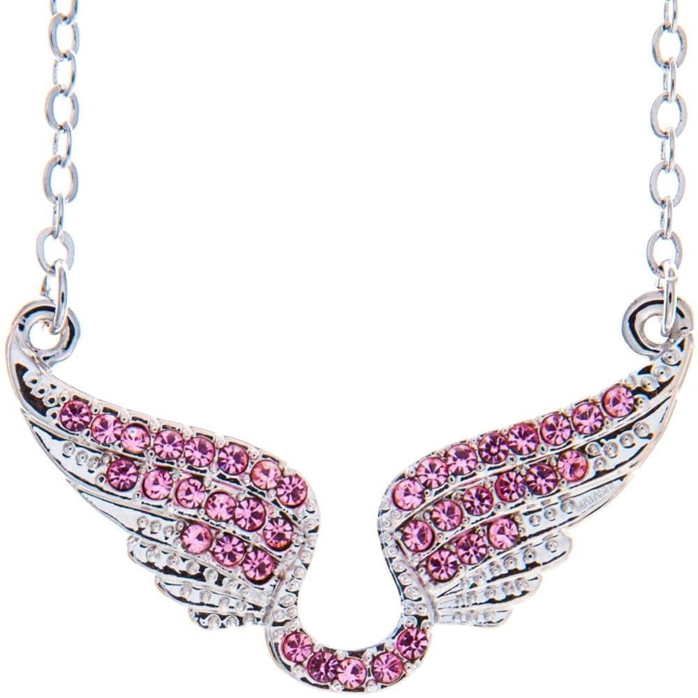 Rhodium Plated Necklace with Outspread Angel Wings Design with a 16" Extendable Chain and fine Pink Crystals by Matashi Image 1