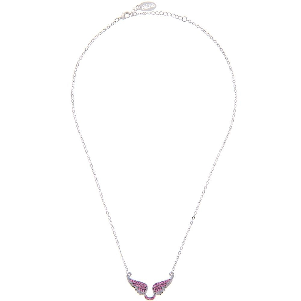 Rhodium Plated Necklace with Outspread Angel Wings Design with a 16" Extendable Chain and fine Pink Crystals by Matashi Image 2