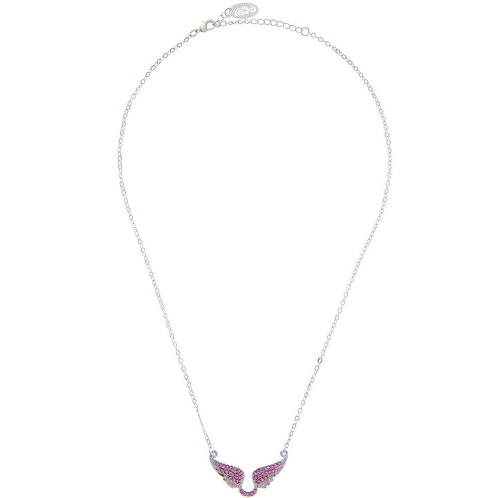 Rhodium Plated Necklace with Outspread Angel Wings Design with a 16" Extendable Chain and fine Pink Crystals by Matashi Image 2