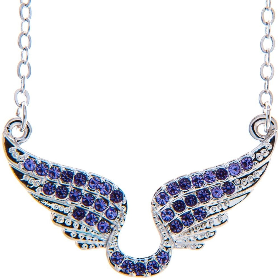 Rhodium Plated Necklace with Outspread Angel Wings Design with a 16" Extendable Chain and fine Purple Crystals by Image 1