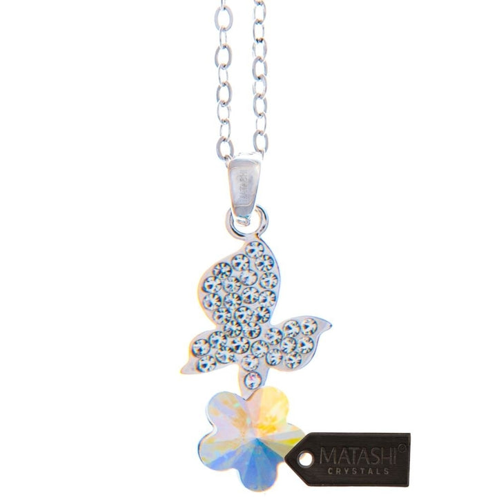 Rhodium Plated Necklace with Butterfly Alighting on a Flower Design with a 16" Extendable Chain and fine Multicolored Image 2