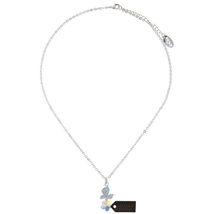 Rhodium Plated Necklace with Butterfly Alighting on a Flower Design with a 16" Extendable Chain and fine Multicolored Image 3