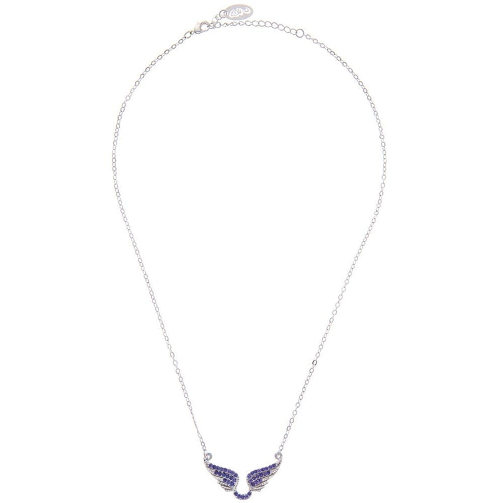 Rhodium Plated Necklace with Outspread Angel Wings Design with a 16" Extendable Chain and fine Purple Crystals by Image 2