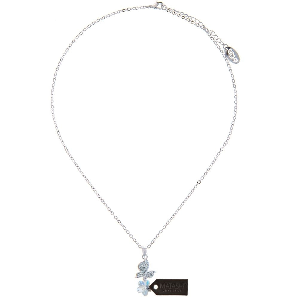 Rhodium Plated Necklace with Butterfly Alighting on a Flower Design with a 16" Extendable Chain and fine Clear Crystals Image 3