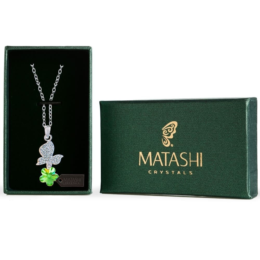 Rhodium Plated Necklace with Butterfly Alighting on a Flower Design with a 16" Extendable Chain and fine Olive Green Image 1