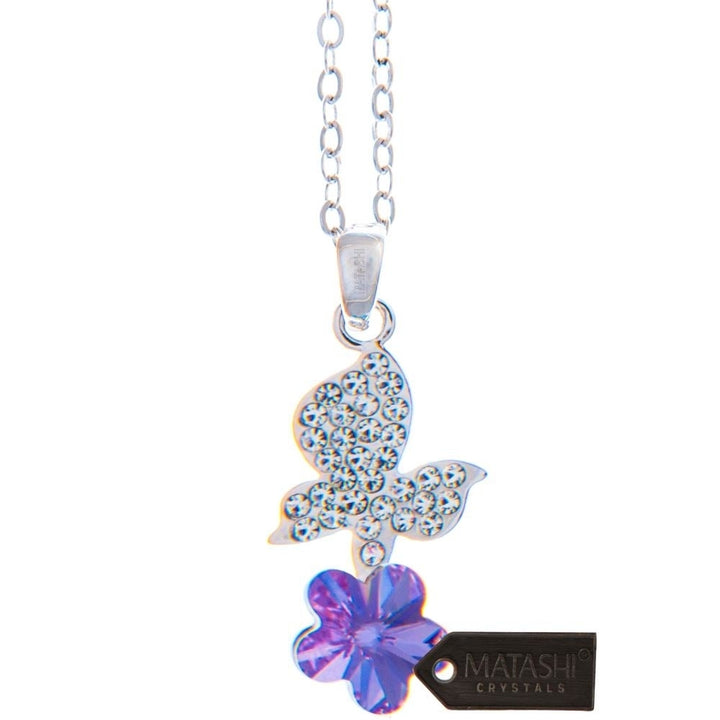 Rhodium Plated Necklace with Butterfly Alighting on a Flower Design with a 16" Extendable Chain and fine Purple Crystals Image 2