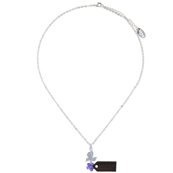 Rhodium Plated Necklace with Butterfly Alighting on a Flower Design with a 16" Extendable Chain and fine Purple Crystals Image 3