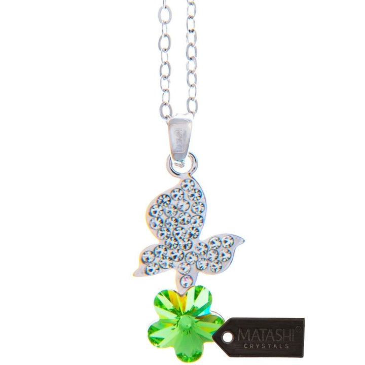 Rhodium Plated Necklace with Butterfly Alighting on a Flower Design with a 16" Extendable Chain and fine Olive Green Image 2