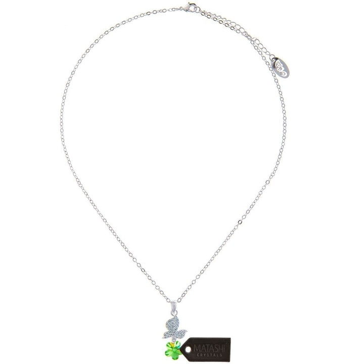 Rhodium Plated Necklace with Butterfly Alighting on a Flower Design with a 16" Extendable Chain and fine Olive Green Image 3