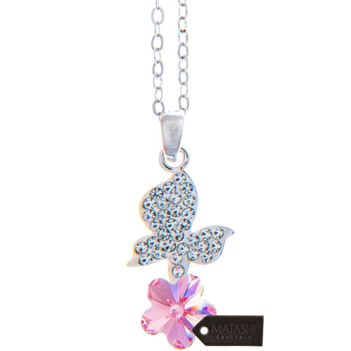 Rhodium Plated Necklace with Butterfly Alighting on a Flower Design with a 16" Extendable Chain and fine Pink Crystals Image 2