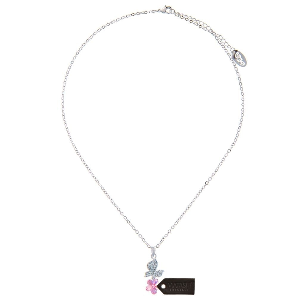 Rhodium Plated Necklace with Butterfly Alighting on a Flower Design with a 16" Extendable Chain and fine Pink Crystals Image 3