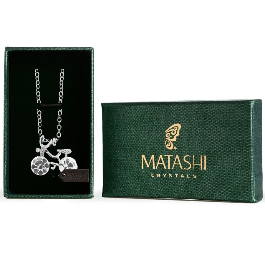 Rhodium Plated Necklace with Bicycle Design with a 16" Extendable Chain and fine Clear Crystals by Matashi Image 1