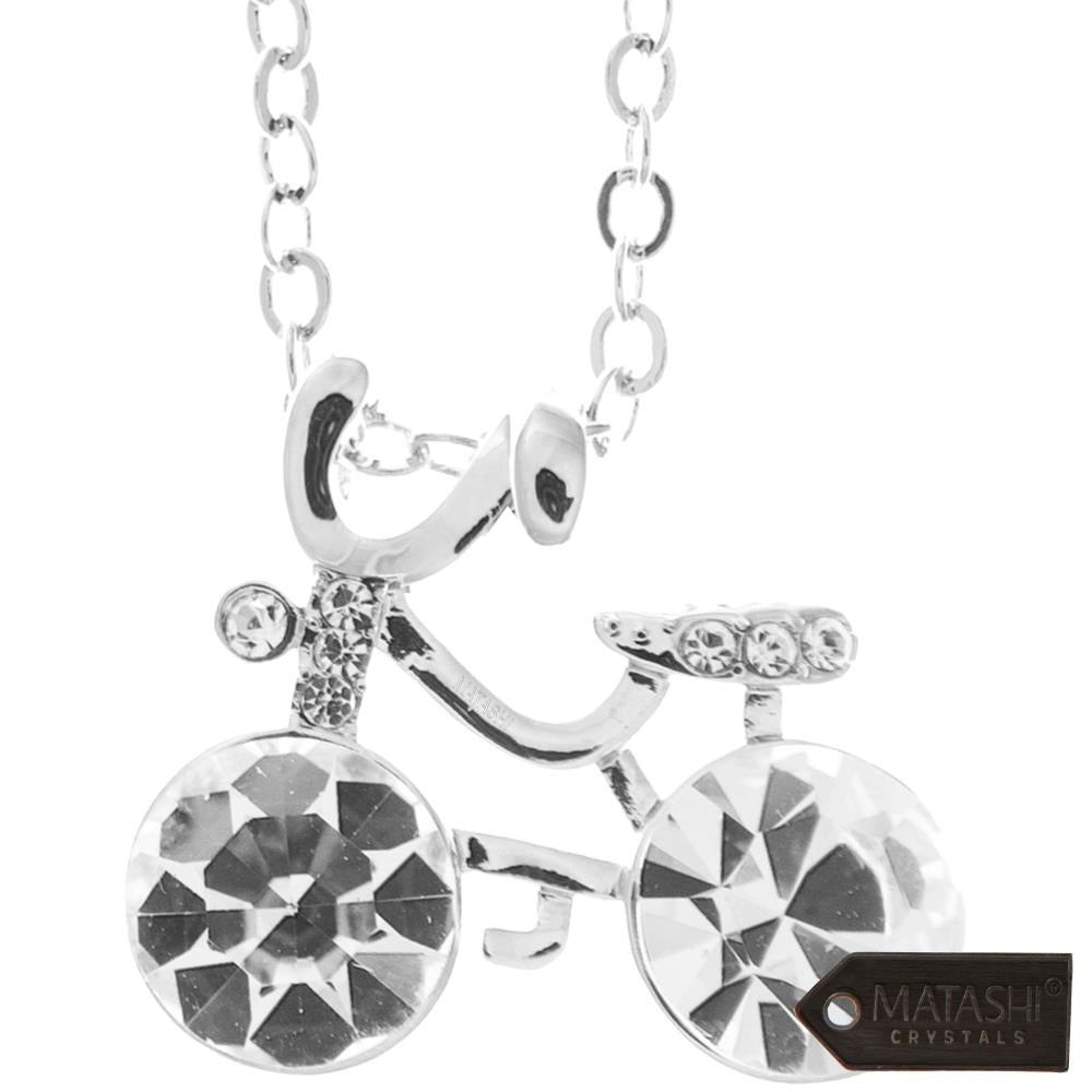 Rhodium Plated Necklace with Bicycle Design with a 16" Extendable Chain and fine Clear Crystals by Matashi Image 2