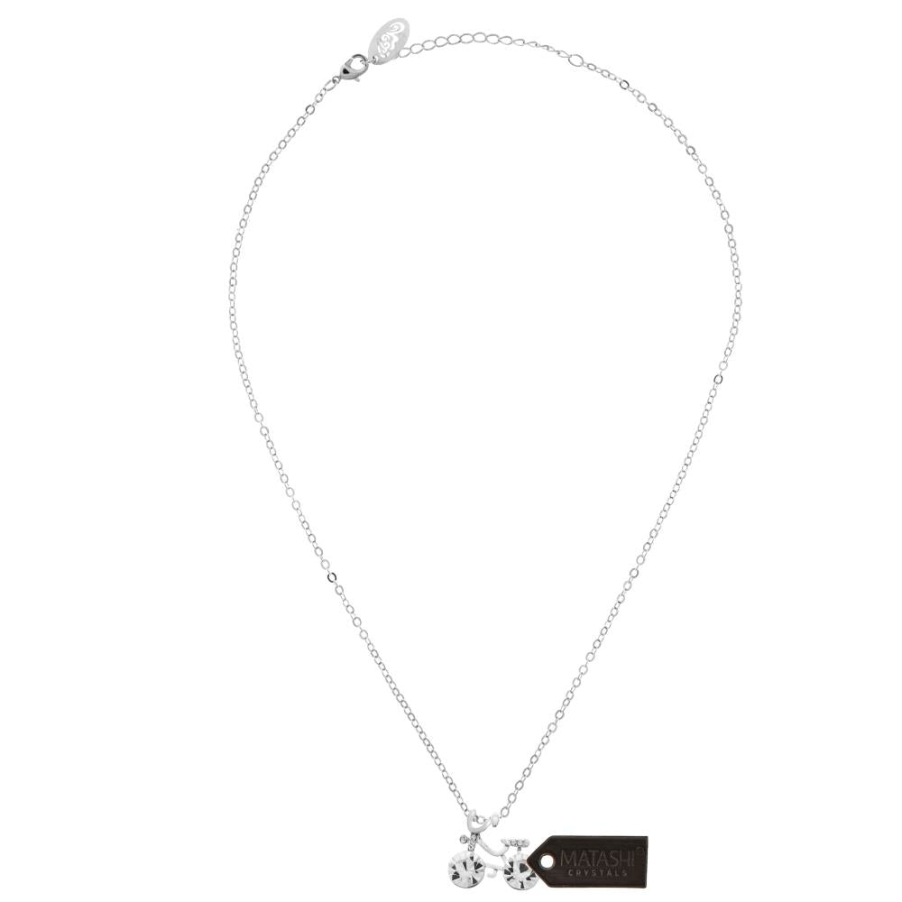 Rhodium Plated Necklace with Bicycle Design with a 16" Extendable Chain and fine Clear Crystals by Matashi Image 3