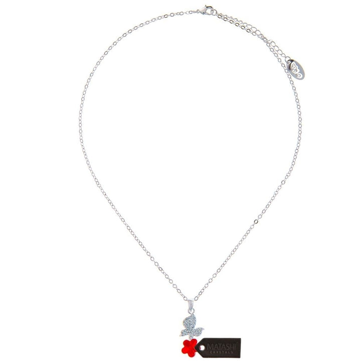 Rhodium Plated Necklace with Butterfly Alighting on a Flower Design with a 16" Extendable Chain and fine Red Crystals by Image 3