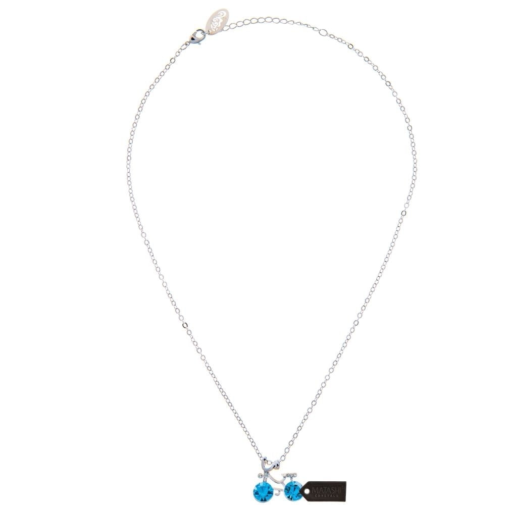 Rhodium Plated Necklace with Bicycle Design with a 16" Extendable Chain and fine Ocean Blue Crystals by Matashi Image 3